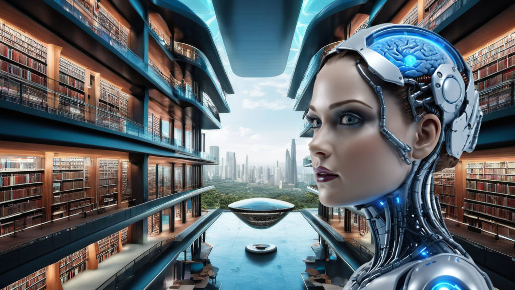 The Library of the future, accessed via Artificial Intelligence (Image generated with generative AI, upscaled with AI) The Library of the future, accessed via Artificial Intelligence (Image generated with generative AI, upscaled with AI)
